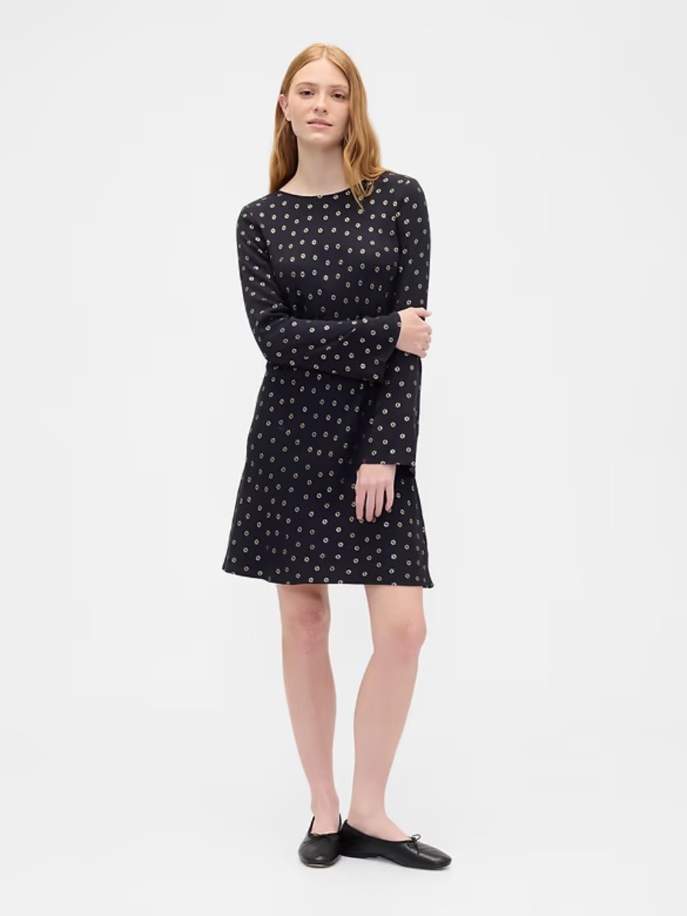 GAP Factory Black Long-Sleeve A-Line Dress with Small Gold Dot Print